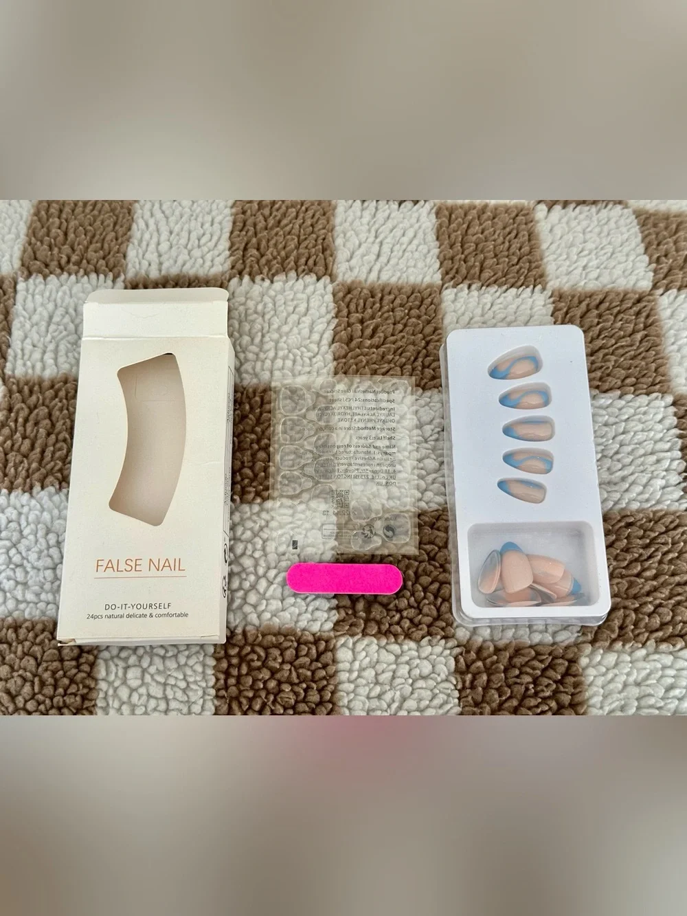💖 Nude Pink Blue Swirl French Tip Press On Nails‎ New 24pc Set